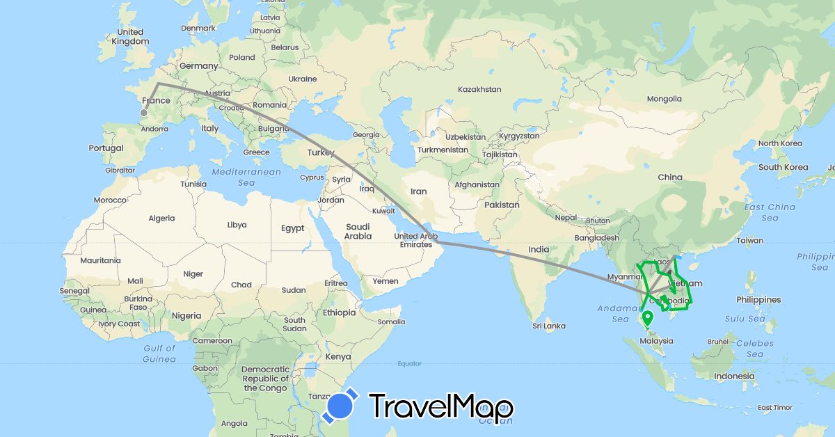 TravelMap itinerary: driving, bus, plane, train, boat, motorbike in France, Cambodia, Laos, Oman, Thailand, Vietnam (Asia, Europe)